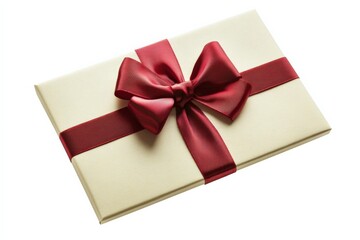 a gift wrapped in a cream paper with a red ribbon