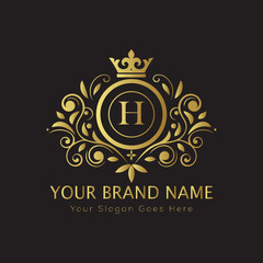 Letter Luxury brand logo design with a royal gold crown emblem and elegant typography
