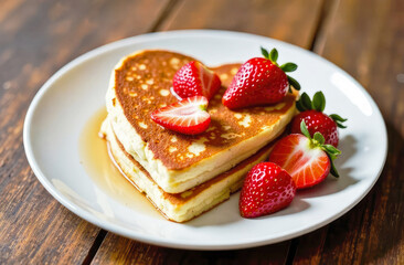 Stack of fluffy pancakes with syrup on white plate, decorated with strawberry on wooden table. Homemade present for Saint Valentine day. Copy space.