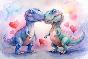 Fototapeta premium Two Dinosaurs in Love - Cute watercolor dinosaurs, hearts, romance, love, affection.
