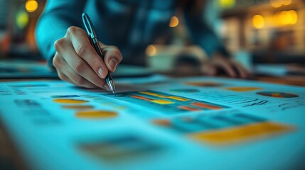 Naklejka premium Person Analyzing Colorful Data Charts in a Modern Office Setting