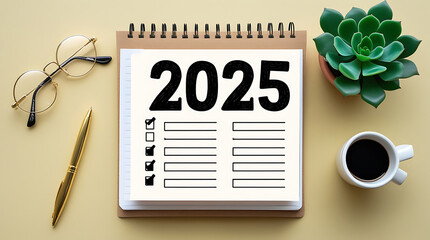 New year resolutions 2025 on desk. 2025 resolutions list with notebook, coffee cup on table. Goals, resolutions, plan, action, checklist concept. New Year 2025 template, copy space