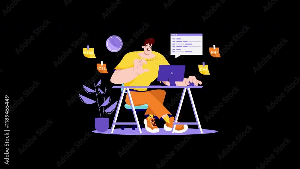 Poster a man working on a laptop in a modern workspace with coding languages on sticky notes, showcasing a 