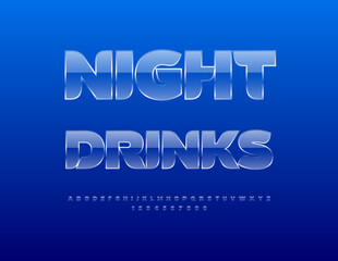 Vector cool advertisement Night Drinks. Transparent Glass Font. Ice textured Alphabet Letters and Numbers set.
