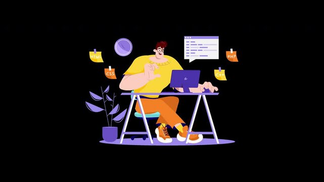 A man working on a laptop in a modern workspace with coding languages on sticky notes, showcasing a tech atmosphere.