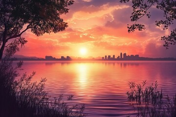 sunset over a lake with city skyline in the background