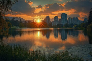Fototapeta premium Sunset over a lake with a city skyline