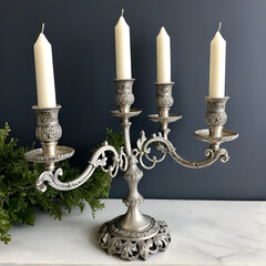 Elegant antique silver candelabra with intricate design, perfect for vintage decor and adding a...