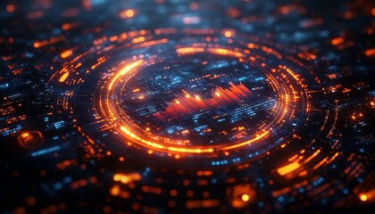 A glowing interface showcasing big data analytics with interactive pie charts, bar graphs, and cloud data points, Big Data Analysis Interface