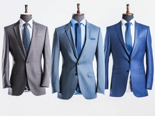 three suits on mannequins against a white background