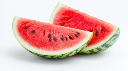 two slices of ripe watermelon on a white background
