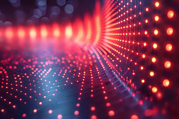 Fototapeta premium Abstract red light dots forming curved perspective tunnel with bokeh effect. Dynamic digital background perfect for technology, innovation, and future concept designs.