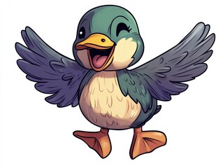 a cartoon duck with open wings stands against a white background