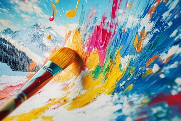 Fototapeta premium A paintbrush strokes vibrant colors onto a canvas, creating a dynamic scene that blends with a snowy mountain landscape and musical notes
