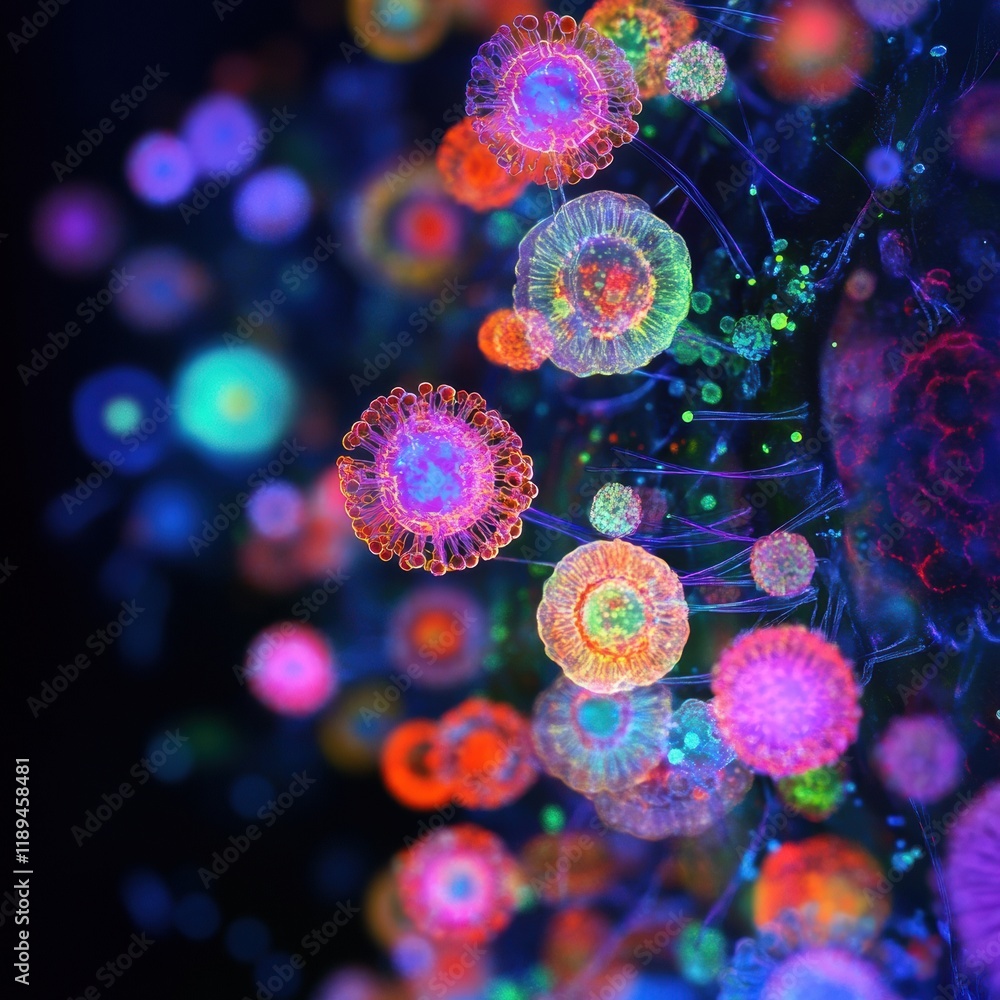 Poster viruses engaging with human cells in a colorful, microscopic environment. generative ai