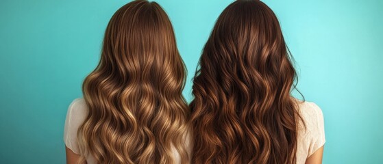 Fototapeta premium two women with long wavy hair in front of turquoise backdrop