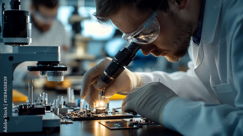 Poster scientist using microscope to examine circuit board.