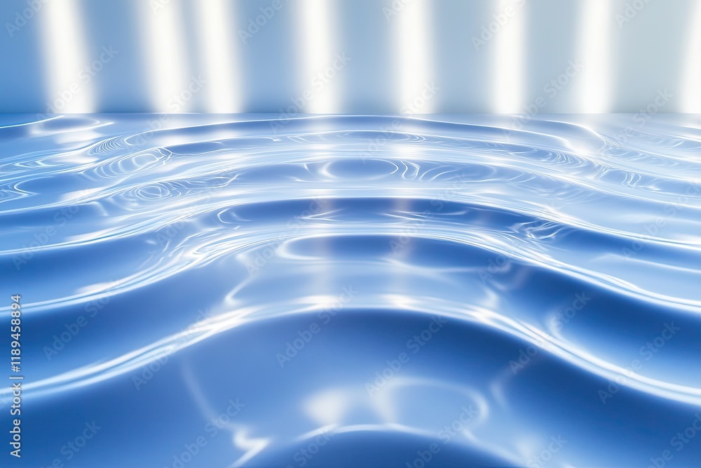 Poster flat lay of water ripples created with light arranged on matte surface in gradient tones of blue and white