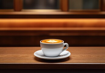 Obraz premium コーヒーカップと木のテーブルの上でのラテアートの魅力的な瞬間