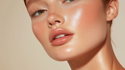 Close-up portrait of young woman with radiant skin, natural makeup. Delicate features, dewy skin highlight beauty. Natural light healthy glow. Image natural beauty, attractive appearance.