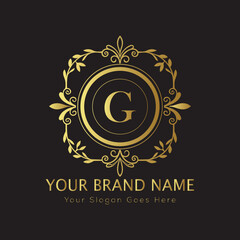 Letter Luxury brand logo design with a royal gold crown emblem and elegant typography
