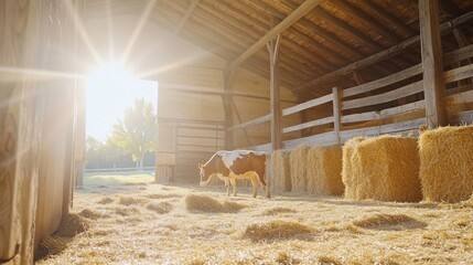 Cow in sunlit barn, hay bales, rural scene