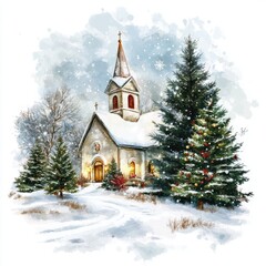 Church and winter forest covered by heavy snow.