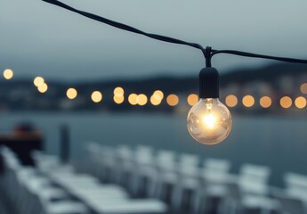 夕暮れの光が美しい海辺の飲食店でのイルミネーション