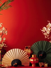 Festive Asian Still Life Fans Blossoms Lanterns Red Background