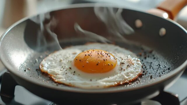 egg being fried in a pan on the stove with smoke, and black pepper powder.