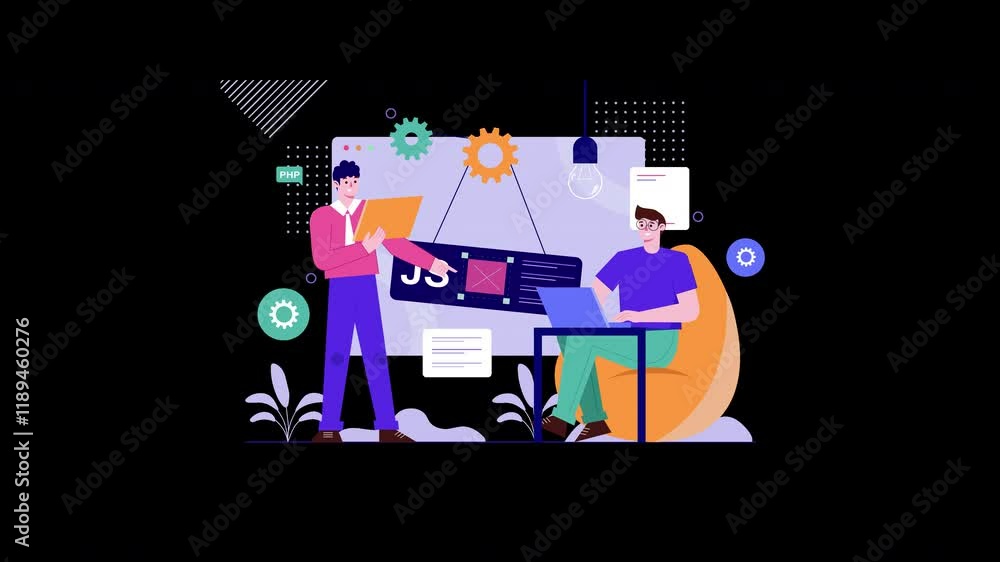 Poster a diverse group of individuals collaborating on a tech project using modern tools in a colorful work