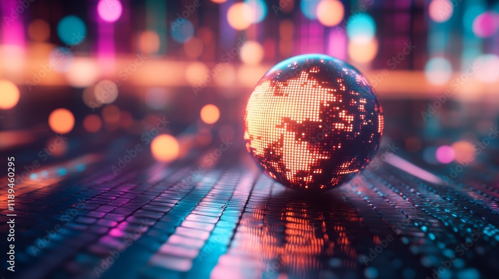 Poster illuminated gridded sphere on a futuristic surface with blurred colorful lights in background