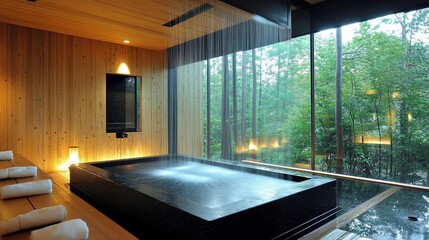Modern spa bathroom with indoor waterfall, wooden walls, and forest view.