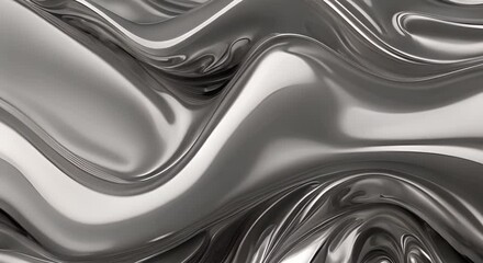 Silver liquid molten metal abstract art background effect Wave liquid substance in curve wavy smooth and soft bio forms in silver metal chrome material with glossy glass parts on grey background 4K