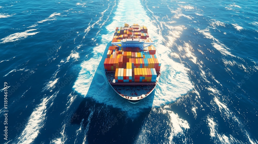 Poster aerial view of a large container ship sailing on a vast ocean.