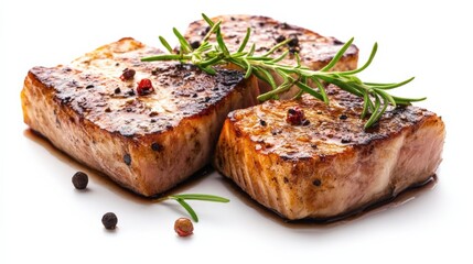 three grilled steaks with rosemary and peppercorns on a white background