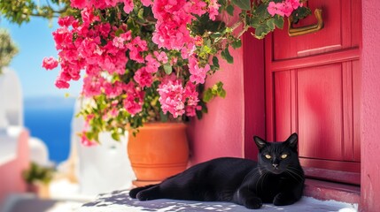 Charming santorini  vibrant pink flowers adorn a red door with a relaxed black cat nearby
