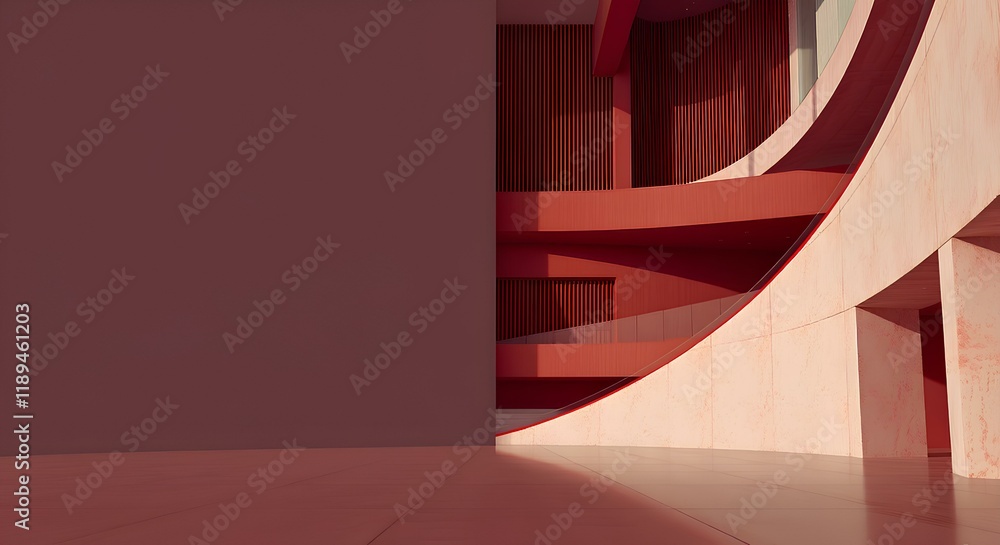 Poster unique geometric interior design with warm red tones and architectural shapes, offering an abstract 