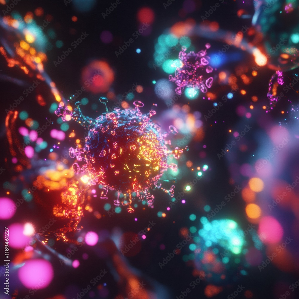 Poster viruses engaging with cells in a vibrant, microscopic world of interaction and activity. generative 