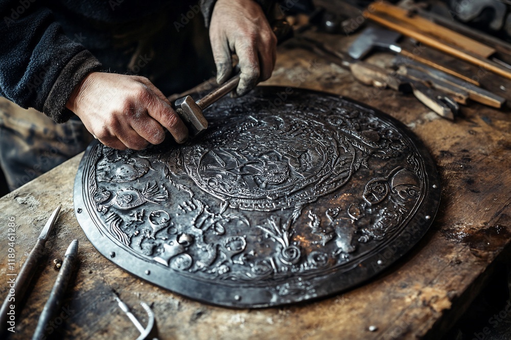 Poster craftsman meticulously detailing a large ornate metal shield using a hammer and chisel in his worksh