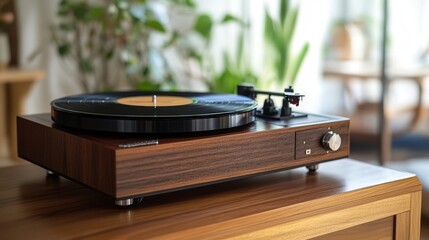 Fototapeta premium Vintage turntable with vinyl record displaying classic retro record player aesthetic