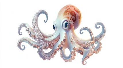 Obraz premium An octopus with blue tentacles swims in a white background.