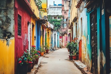 Fototapeta premium Colorful alleyway with vibrant painted buildings, potted plants, and a narrow pathway.