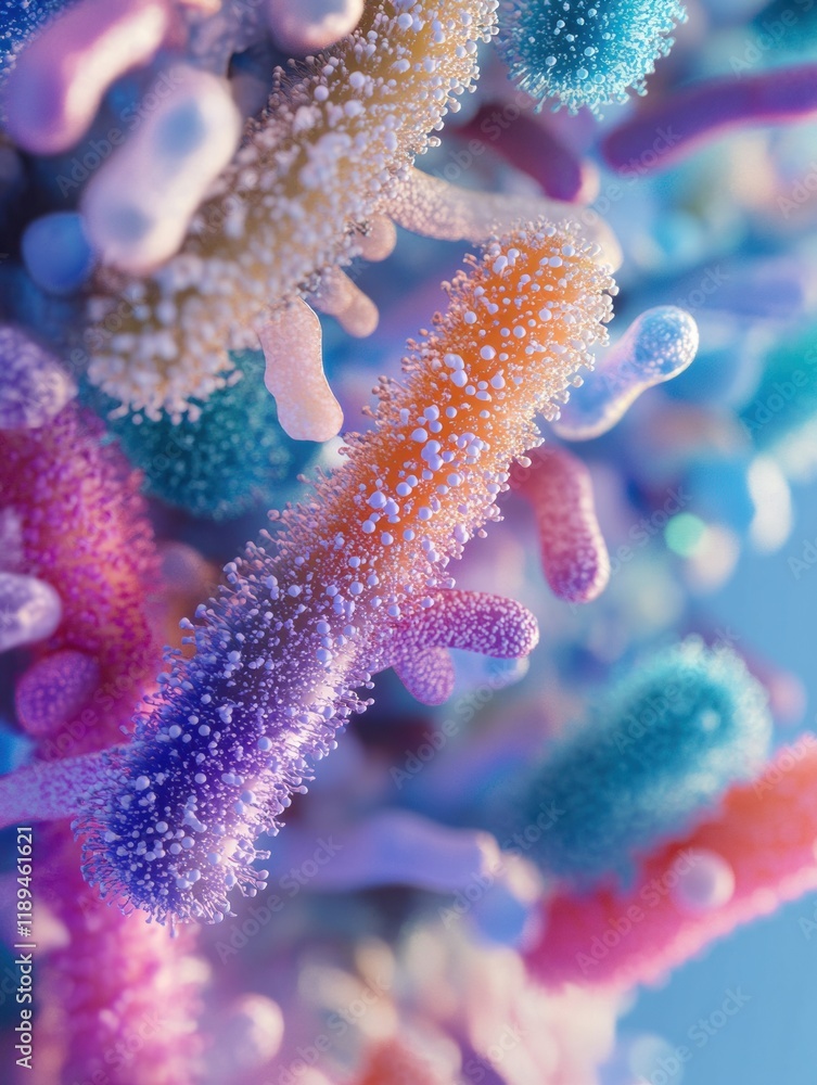 Aufkleber close up view of colorful microbes found on everyday surfaces like door handles and smartphones. gen