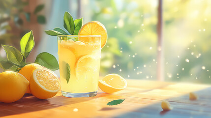 Relaxing summertime setting with sunkist glass of lemonade on a sunlit table. Sunmist. Illustration