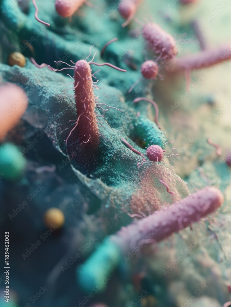 Poster close up view of microbes found on common surfaces like door handles and smartphones. generative ai