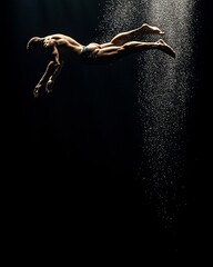Obraz premium Muscular man diving underwater, mid-air, dark background, water droplets.