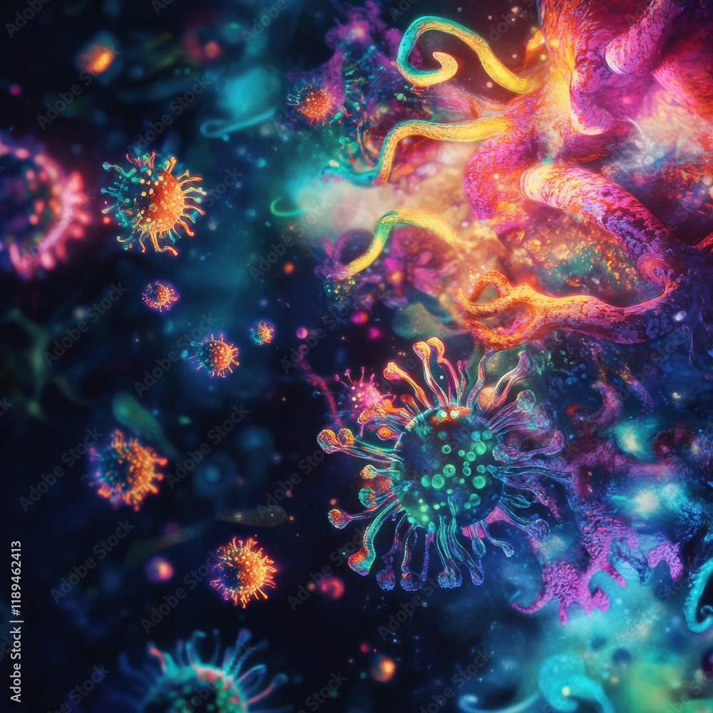 Poster viruses interacting with cells in a colorful microscopic world showcasing biological processes. gene