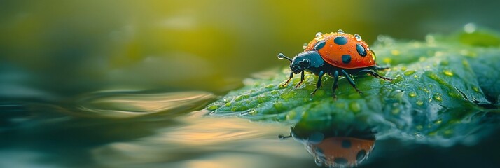 Ladybug on a dew-covered leaf near water.