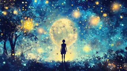 Obraz premium A silhouette of a girl stands against a starry night with a large moon and glowing elements.